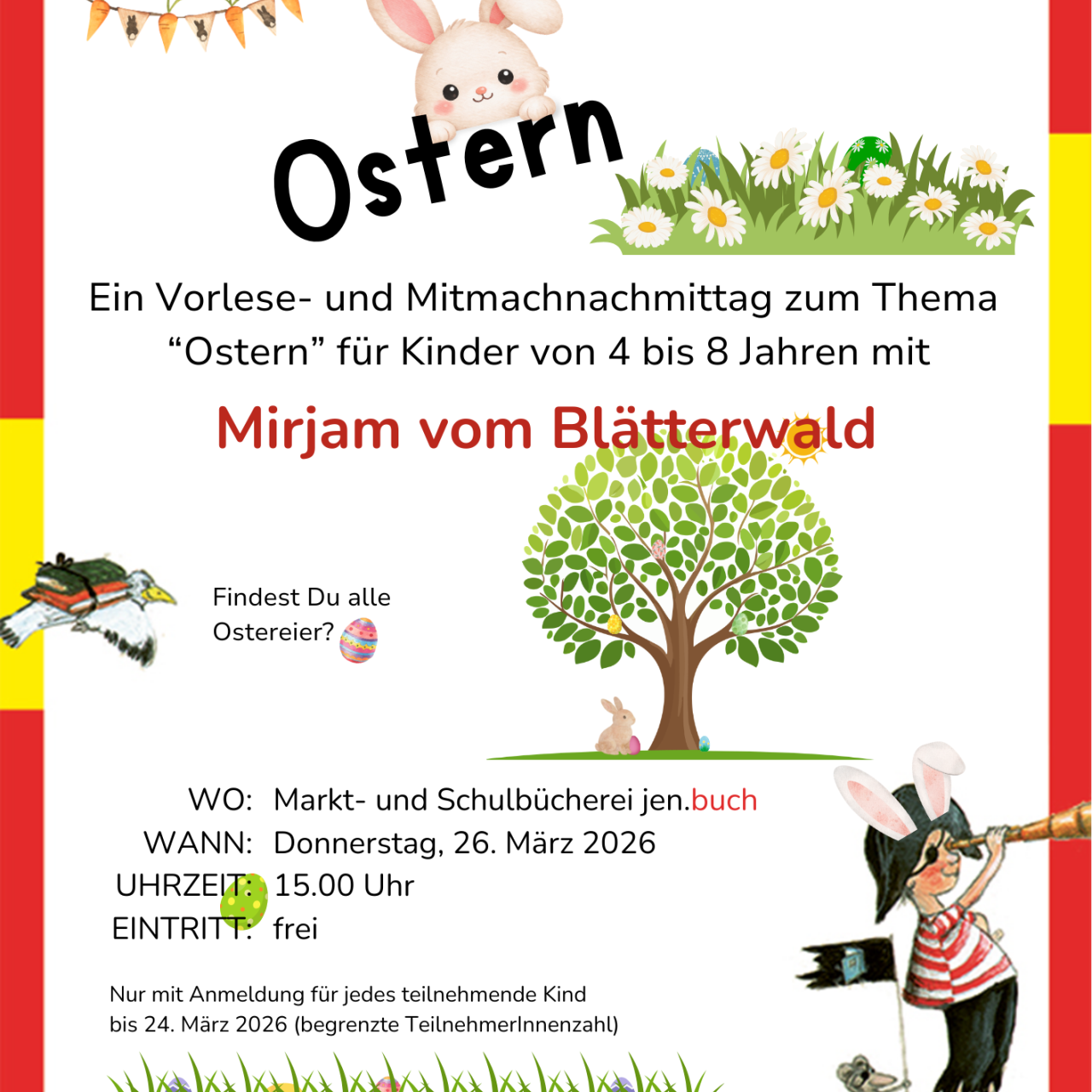 Plakat zur Osterlesung mit Mirjam vom Blätterwald